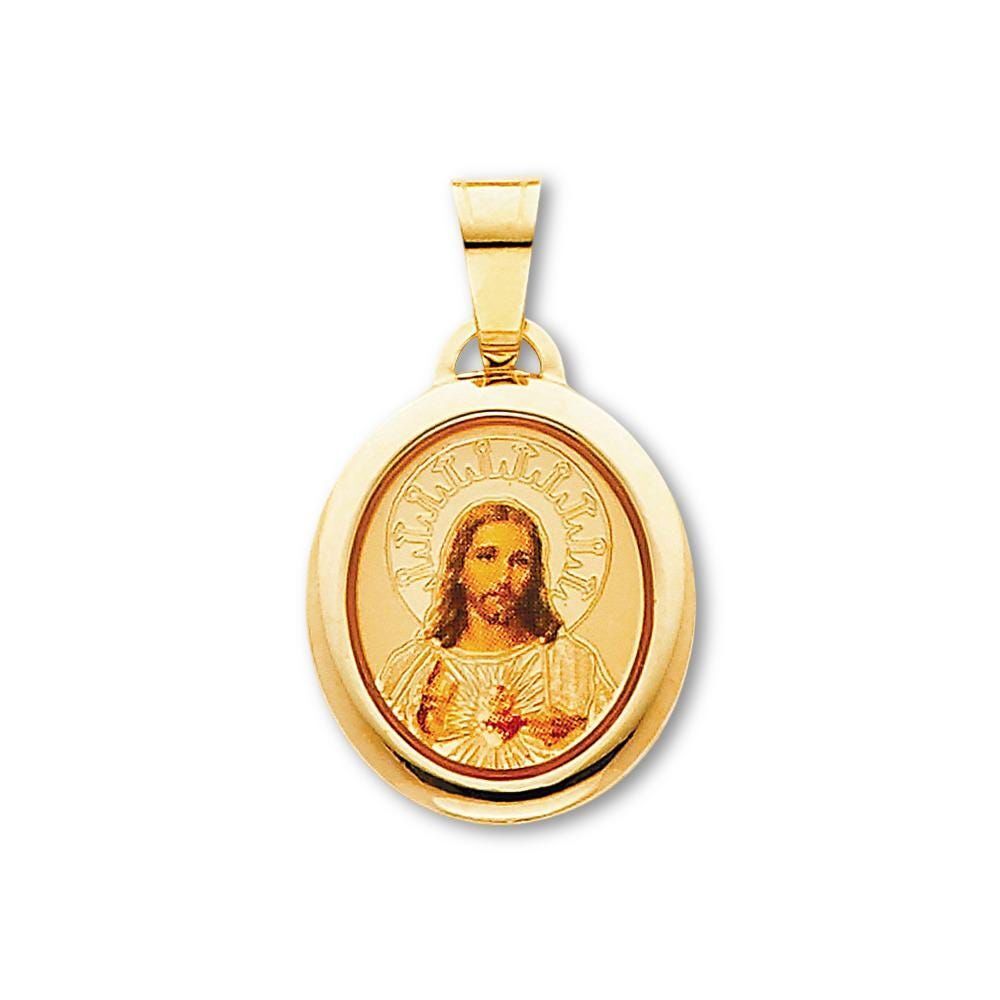 14K Gold Red Sacred Heart of Jesus Picture Pendant By Tehrani Jewelry